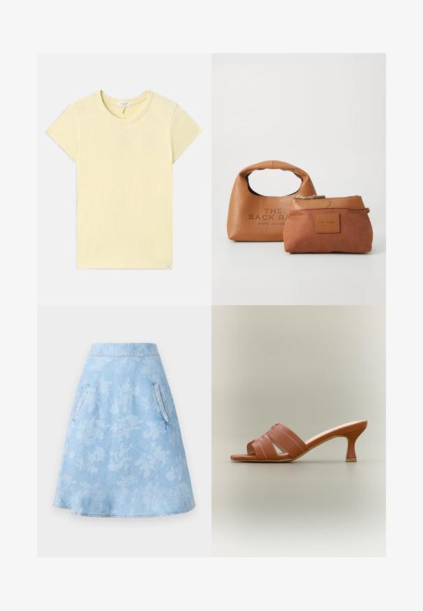 T-shirt jaune clair à manches courtes avec un col rond, texture douce, coupe standard et une petite étiquette de marque près de l'ourlet.; Jupe en denim évasée de couleur bleu clair avec un motif floral subtil, dotée de deux poches latérales et d'une finition lisse avec ourlet.; Mule à bout ouvert marron avec deux larges brides croisées et un talon fin de hauteur moyenne sur un fond neutre.; Sac à main en cuir fauve avec une poignée arrondie, logo embossé ; comprend une petite pochette fauve avec une fermeture éclair et un patch carré avec la marque.