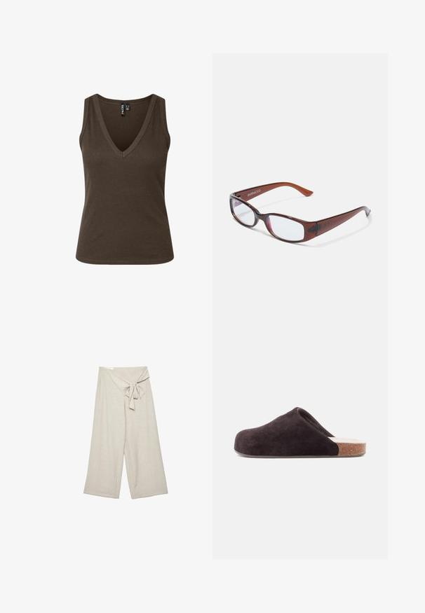 Haut marron sans manches en maille côtelée avec un col en V profond et une silhouette cintrée, étiquette visible à l'intérieur du col.; Pantalon beige taille haute à jambes larges avec ceinture nouée à l'avant et texture plissée sur fond blanc.; Sabot en daim marron foncé à enfiler avec un bout arrondi, une base en liège et une texture lisse. Présente un léger contraste de matériaux au niveau du talon.; Lunettes rectangulaires teintées de brun avec une finition brillante, dotées de branches fines et de verres transparents. Logo visible sur la branche gauche.
