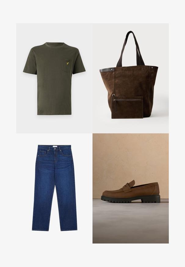 T-shirt en coton vert olive avec un col rond, des manches courtes et une poche sur la poitrine gauche ornée d'un petit logo jaune. Texture lisse.; Jean en denim bleu foncé avec une coupe droite, équipé d'une fermeture boutonnée et à zip, de cinq poches et de détails de couture visibles.; Mocassin en cuir marron foncé avec semelle épaisse en caoutchouc noir présenté au-dessus d’un tapis beige et d’un canapé en arrière-plan.; Sac cabas en daim marron foncé avec des poignées noires et une pochette rectangulaire zippée assortie fixée à l'avant.