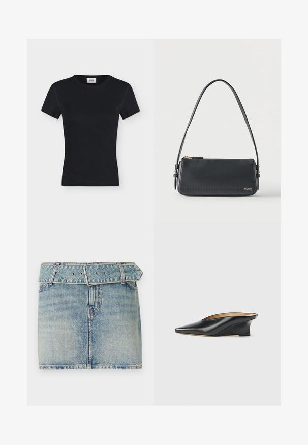 Camiseta negra de punto acanalado de manga corta con cuello redondo y etiqueta de marca cosida en el interior del cuello, mostrada sobre un fondo liso gris claro.; Minifalda de mezclilla con un lavado azul claro, que presenta una cintura con cinturón y hebilla de metal, cinco bolsillos y un ligero desvanecimiento para dar textura.; Zapato cuña de charol negro con punta puntiaguda y talón descubierto, con un diseño elegante y curvado de estilo minimalista.; Bolso de hombro rectangular de cuero negro con cremallera dorada y pequeño logo dorado "HUGO" en el frente, con una correa ajustable con hebilla.