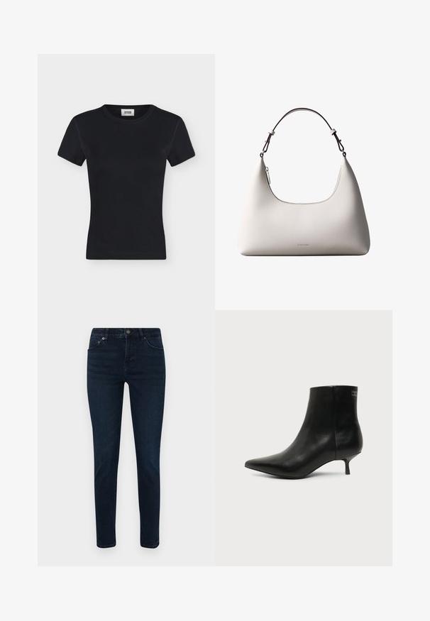 Camiseta negra de punto acanalado de manga corta con cuello redondo y etiqueta de marca cosida en el interior del cuello, mostrada sobre un fondo liso gris claro.; Jeans de mezclilla de lavado oscuro con un ajuste slim, que cuentan con un diseño de cinco bolsillos, cierre de botón y detalles de costura sutiles. Textura suave en toda la prenda.; Botín de piel negra con puntera puntiaguda y tacón bajo estilo kitten sobre fondo claro, mostrando vista lateral exterior.; Bolso de hombro de cuero color crema de Calvin Klein con borde superior curvado, cremallera plateada y correa ajustable marrón oscuro.