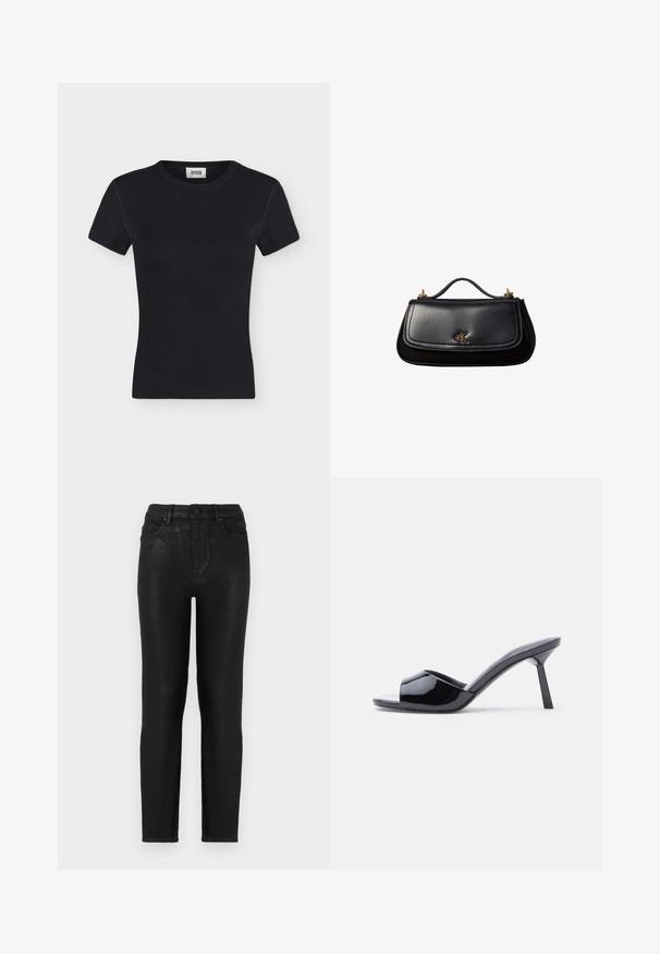 Camiseta negra de punto acanalado de manga corta con cuello redondo y etiqueta de marca cosida en el interior del cuello, mostrada sobre un fondo liso gris claro.; Jeans de mezclilla negra con corte ajustado, con una cintura alta, diseño clásico de cinco bolsillos y una sutil textura brillante. Cierre frontal con botón estándar.; Sandalias de tacón con punta abierta de charol negro, con un diseño superior curvado y tacón de aguja cónico. Acabado liso y brillante.; Bolso de mano negro de piel con un asa pequeña, logo "cK" en tono dorado en la solapa frontal y detalles de herrajes dorados.