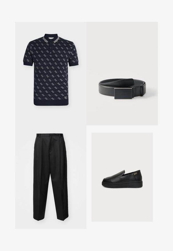 Tricou polo bleumarin cu mâneci scurte, cu model alb în formă de diamant și o mică emblemă cu logo-ul „GUESS” aproape de tiv.; Pantaloni negri croiți, cu talie înaltă, picioare ample și pliuri ascuțite. Realizați dintr-un material neted, cu bucle pentru curea și fără elemente de fixare vizibile.; Pantof negru din piele slip-on cu talpă groasă și un mic logo auriu "HUGO" lângă călcâi, pe un fundal deschis și simplu.; Curea din piele neagră răsucită cu o cataramă dreptunghiulară neagră mată și un logo discret embosat pe fundal alb.