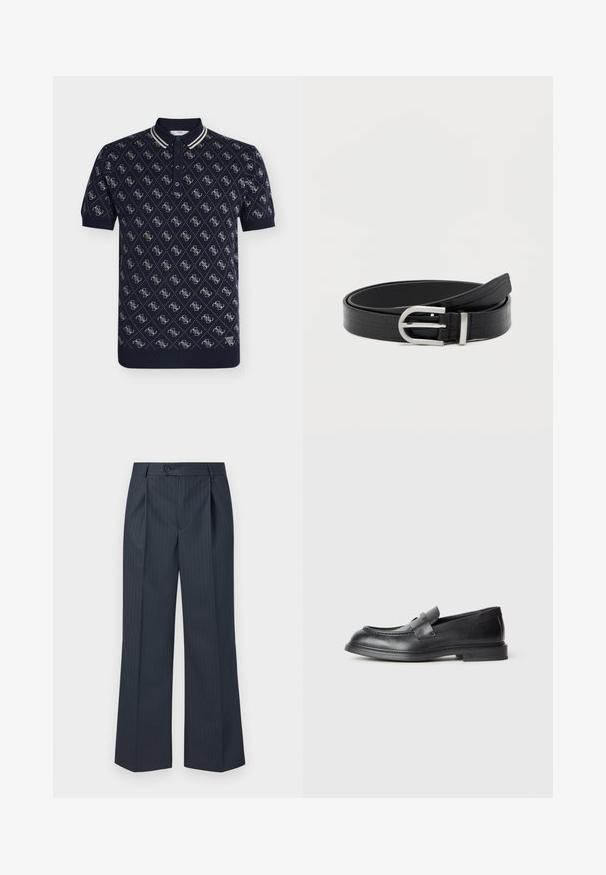 Tricou polo bleumarin cu mâneci scurte, cu model alb în formă de diamant și o mică emblemă cu logo-ul „GUESS” aproape de tiv.; Pantaloni largi cu dungi marine, cu pliseuri frontale, închidere cu un singur buton și material neted. Prezintă dungi verticale verzi pentru detaliu.; Mocasini negri din piele cu finisaj texturat, având o fermoar decorativ în față și un vârf rotunjit. Talpă de cauciuc pentru durabilitate.; Curea din piele ecologică neagră cu textură crocodil și cataramă rotundă argintie, așezată pe un fundal alb simplu.