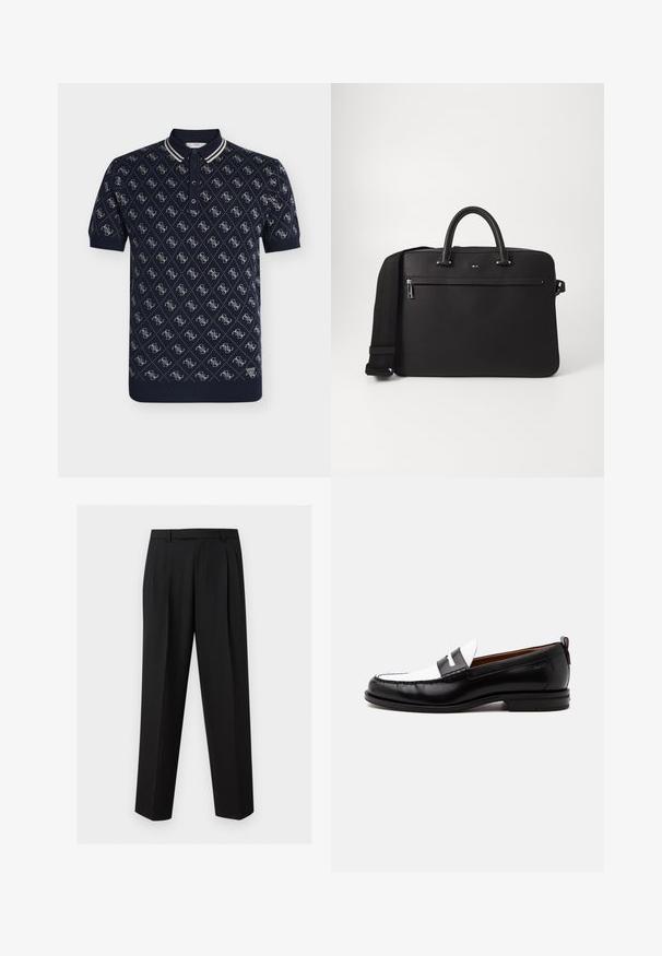 Polo bleu marine à manches courtes avec motif losange blanc et petite écusson logo "GUESS" près de l'ourlet.; Pantalon noir sur mesure avec jambes droites, plis à la taille, passants de ceinture et poches latérales fendues, présenté sur un fond uni.; Mocassin en cuir noir et blanc avec des détails cousus, un petit talon et un design slip-on, présenté de profil sur un fond uni.; Sac en cuir noir avec une texture lisse, deux poignées supérieures et une bandoulière amovible. Il dispose d'une poche avant zippée et de détails de logo.