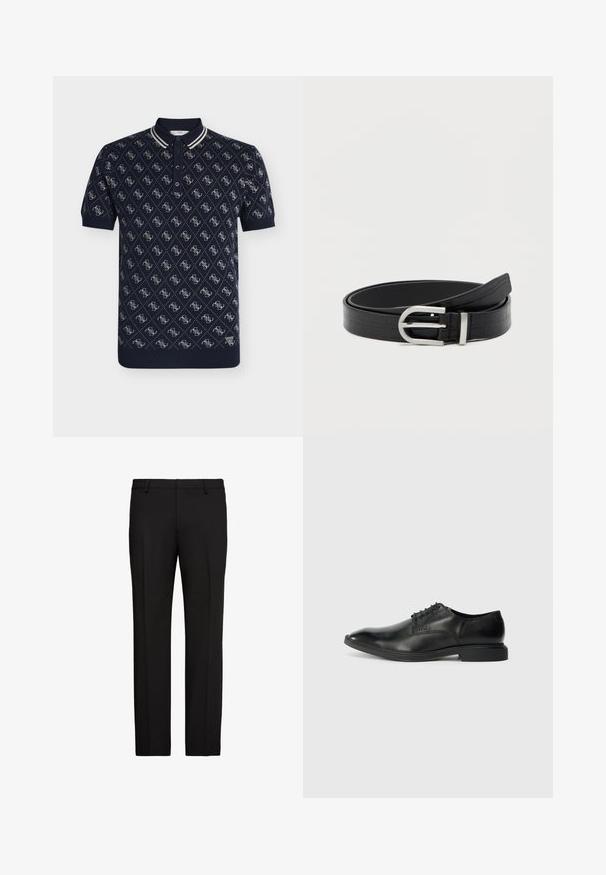 Polo bleu marine à manches courtes avec motif losange blanc et petite écusson logo "GUESS" près de l'ourlet.; Pantalon formel noir avec passants de ceinture, pli de couture à l'avant et coupe droite, sur fond blanc.; Chaussure habillée en cuir noir avec une texture lisse, bout pointu, design à lacets à six œillets et un petit talon rectangulaire. Détail de marque subtil sur le côté.; Ceinture en faux cuir noir avec texture crocodile et boucle ronde en argent, enroulée sur un fond blanc uni.