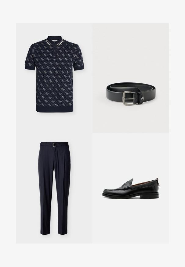 Polo bleu marine à manches courtes avec motif losange blanc et petite écusson logo "GUESS" près de l'ourlet.; Pantalon sur mesure à fines rayures bleu marine avec une ceinture assortie et une boucle rectangulaire argentée, présenté à plat sur un fond clair.; Mocassin homme en cuir noir avec couture moc toe, bride penny, col texturé et petit talon empilé sur fond blanc.; Ceinture en cuir noir avec une boucle en métal argenté brillante, texture lisse et bords cousus. Dispose d'une boucle pour fixer l'extrémité de la ceinture.