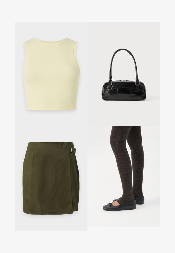 Crop top côtelé jaune clair avec un col rond, sans manches, et une coupe ajustée. Texture lisse avec un tissu en maille respirant.; Jupe portefeuille en vert olive dans un tissu léger, avec une fermeture à boucle sur le côté et un ourlet légèrement asymétrique. Texture lisse.; Jambes portant des leggings côtelés foncés associés à des ballerines noires avec de petits détails en nœud sur fond blanc.; Sac à main en cuir noir de forme rectangulaire, doté d'une seule ansse structurée, de quincaillerie argentée et d'une fermeture éclair. Texture lisse.
