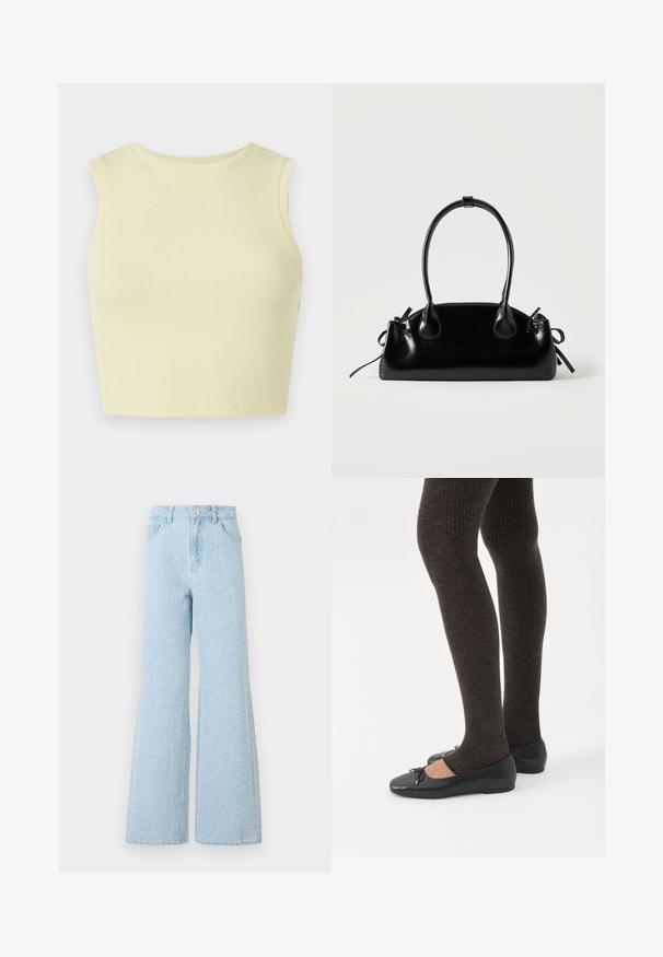 Φωτεινό κίτρινο ριγωτό cropped top με στρογγυλή λαιμόκοψη, χωρίς μανίκια και εφαρμοστή σχεδίαση. Λείος υφασμάτινος συνδυασμός από αναπνέον πλεκτό ύφασμα.; Ανοιχτό μπλε τζιν παντελόνι σε φαρδιά γραμμή με ψηλή μέση, που διαθέτει κλείσιμο με κουμπί, πέντε τσέπες και διακριτική ξεθωριασμένη υφή.; Πόδια με σκουρόχρωμα ριμπ κολάν συνδυασμένα με μαύρα μπαλαρίνα παπούτσια με μικρές λεπτομέρειες φιόγκων σε λευκό φόντο.; Μικρή μαύρη γυαλιστερή τσάντα με δύο μακριές λαβές και λεπτομέρειες με ρυθμιζόμενο κορδόνι στο πλάι σε απλό ανοιχτό φόντο.