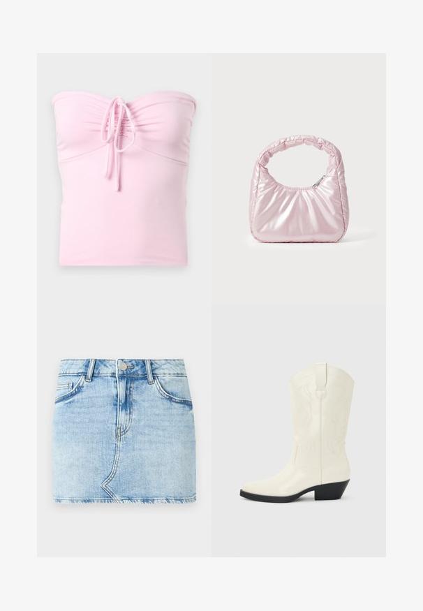 Hollister Co. TIE FRONT TUBE - Top - light pink; Lichtblauwe denim minirok met een klassiek ontwerp met vijf zakken, voorzien van een knoopsluiting aan de voorkant en een rafelige zoom.; Witte westernlaars tot halverwege de kuit met puntige neus, zwarte gestapelde hak, decoratieve stiknaden en een lus aan de schacht.; Roze, gevoerde handtas met een afgeronde vorm, gemaakt van glanzend materiaal. Beschikt over een geplooide handgreep en een ritssluiting voor veilige toegang.