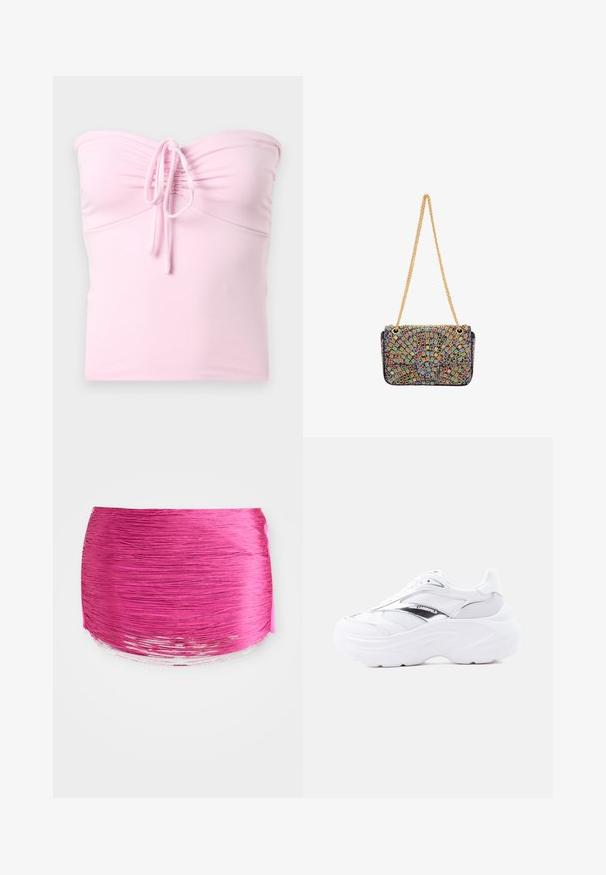 Hollister Co. TIE FRONT TUBE - Top - light pink; Roze geplooid stof met horizontale lijnen, afgeronde vorm en contrasterende glanzende rand. Textuur met levendige kleur en gladde afwerking.; Witte chunky sneaker met bovenzijde van mesh en leer, dikke zool, metallic zilveren detail en "Karl Lagerfeld"-branding aan de zijkant.; faina FLAP - Schoudertas - black multicolor