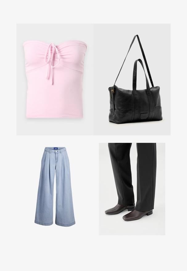 Hollister Co. TIE FRONT TUBE - Top - light pink; Lichtblauwe wijde spijkerbroek met plooien aan de voorkant, knoopsluiting en JJXX-label aan de binnenzijde van de tailleband.; Donkerbruine leren schoenen met een vierkante neus en een korte blokhak, gedragen met zwarte, op maat gemaakte broek, die een strakke, gepolijste uitstraling tonen.; Zwarte leren reistas met twee korte handvatten en een verstelbare lange schouderriem, voorzien van een gouden rits en een gestructureerde afwerking.