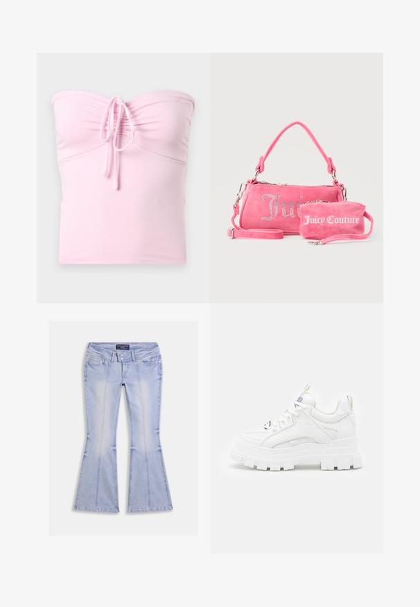 Hollister Co. TIE FRONT TUBE - Top - light pink; Vaqueros acampanados azul claro con bolsillos delanteros y traseros, cierre de doble botón y costuras visibles en toda la prenda.; Zapatillas deportivas blancas y gruesas con un revestimiento texturizado, cuello acolchado y suela gruesa y estriada. Presentan cordones negros en contraste y un detalle de marca.; Dos bolsos rosas de Juicy Couture, uno más grande con letras de cristal y un asa, y otro más pequeño con letras blancas y una correa para la muñeca, sobre un fondo gris.