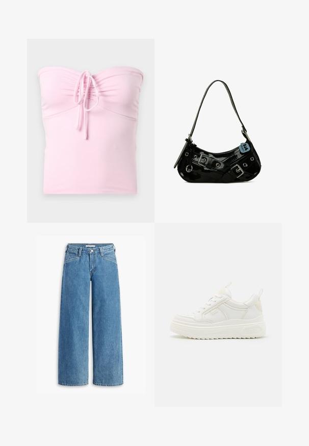 Hollister Co. TIE FRONT TUBE - Top - light pink; Svetlomodré široké džínsy vyrobené z denimu, s vysokým pásom, piatimi vreckami a klasickým zapínaním na gombíky. Priame strih od stehna po lem.; Biele kožené tenisky s masívnou podrážkou, viazaním a decentným brandingom. Majú hladký povrch a okrúhlu špičku.; Čierna lakovaná kožená taška s zakriveným tvarom, s striebornými kovaniami, dekoratívnymi prackami a krátkym popruhom. Pripojená modrá visačka.