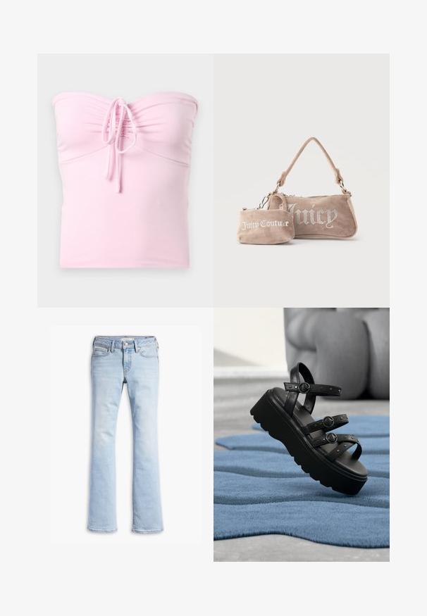 Hollister Co. TIE FRONT TUBE - Top - light pink; Vaqueros de denim azul claro con cintura ajustada, botón y cremallera en la parte delantera, bolsillos delanteros y traseros, y piernas ligeramente acampanadas.; Sandalia de plataforma negra con tres correas ajustables con hebillas, colocada sobre una alfombra azul texturizada con fondo desenfocado.; Dos bolsos de ante beige de Juicy Couture, uno pequeño de muñeca con el logo y el otro un bolso de hombro con el texto "Juicy" en pedrería.