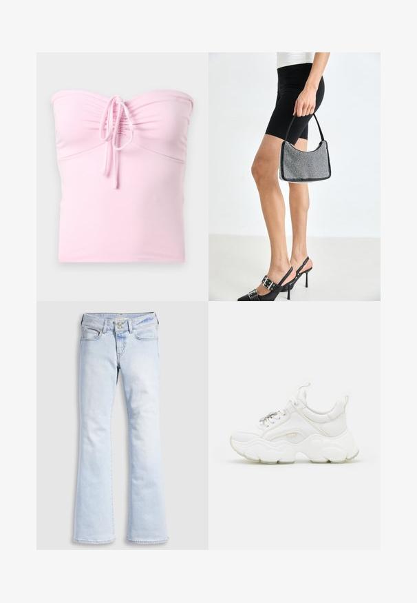Hollister Co. TIE FRONT TUBE - Top - light pink; Lyseblå denim jeans med vide ben og høj talje, med knaplukning, fem lommer og subtile slidmærker ved hofterne.; Hvide chunky sneakers lavet af læder og mesh-materialer, med en tyk sål, rund tå og dekorative snørebånd. Let teksturerede detaljer.; Sort perlehandtaske med en buet silhuet, bærehåndtag og blank overflade. Båret med højhælede sorte sko og tætsiddende sorte shorts.