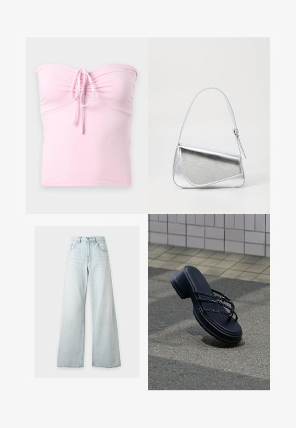 Hollister Co. TIE FRONT TUBE - Top - light pink; Lichtblauwe jeans met hoge taille en wijde pijpen, met voorste knoop en rits, voorzakken en riemlussen op een witte achtergrond.; Zwarte platformsandaal met drie dunne bandjes en zilveren gespen zwevend boven asfalt nabij een betegelde muur.; Zilveren metalen handtas met een driehoekige vorm, gladde textuur en een dunne, verstelbare schouderriem. Kenmerkt zich door een omklapbaar ontwerp met stiksels.