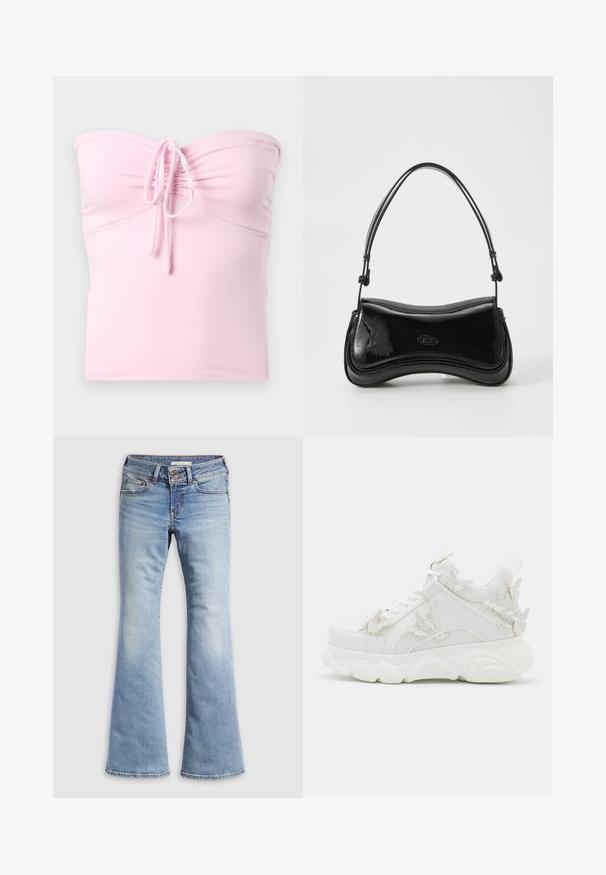 Hollister Co. TIE FRONT TUBE - Top - light pink; Vaqueros acampanados de mezclilla en azul claro. Presentan cierre de botón, cinco bolsillos y textura descolorida con dobladillos sin costuras.; Zapatilla blanca gruesa con suela gruesa y detalles decorativos de mariposas 3D en el lateral, los cordones y el talón.; Bolso de mano de charol negro con forma curvada, un solo asa y fondo redondeado. Presenta un sutil detalle de logo en la parte frontal.
