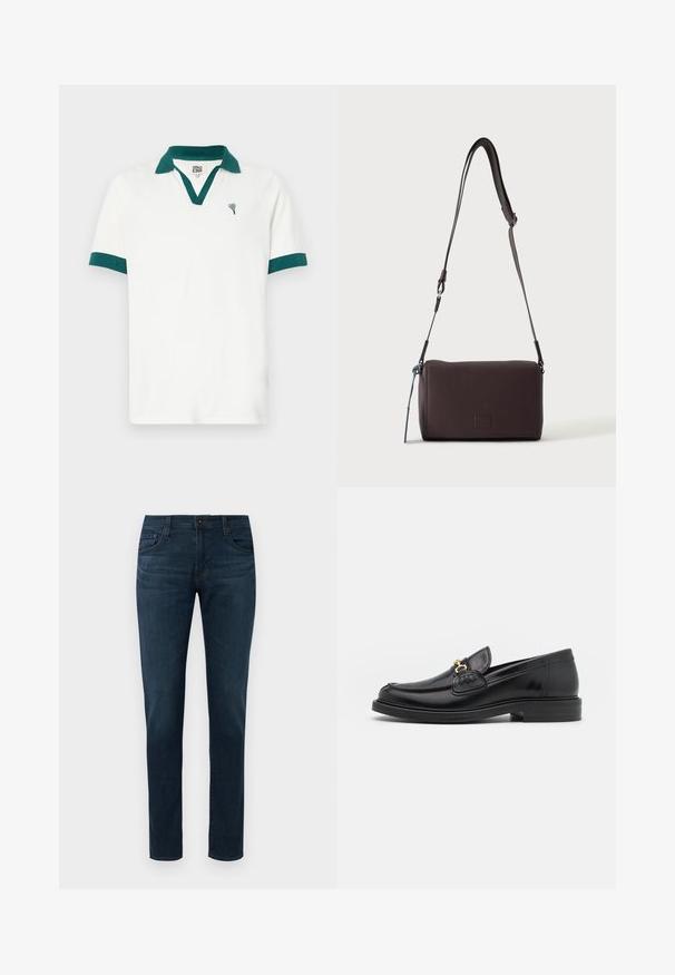 Weißes Polo-Shirt mit einem türkisen Kragen und Akzenten an den Ärmeln, versehen mit einem kleinen herzförmigen Logo. Hergestellt aus einem glatten Stoff mit einem klassischen Schnitt.; Dunkelblaue Slim-Fit-Jeans mit fünf Taschen, Knopf- und Reißverschluss vorne, vor einem weißen Hintergrund präsentiert.; Schwarze Lederleter mit einer abgerundeten Zehenpartie, ausgestattet mit goldenen Hardwareakzenten und Stichdetails, auf einer niedrigen, strukturierten Gummisohle.; Dunkelbraune, strukturierte Leder-Crossbody-Tasche mit verstellbarem Riemen und kleinem dekorativen blauen Akzent an der Seite.