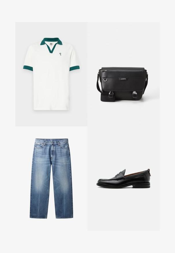 Weißes Polo-Shirt mit einem türkisen Kragen und Akzenten an den Ärmeln, versehen mit einem kleinen herzförmigen Logo. Hergestellt aus einem glatten Stoff mit einem klassischen Schnitt.; Hellblaue Jeans mit geradem Bein, ausgewaschenen Bereichen, fünf Taschen, Knopfverschluss und Calvin Klein-Label an der rechten Vordertasche.; Schwarzer Leder-Herrenschuh mit Mokassinnaht, Penny-Riemen, strukturiertem Kragen und niedrigem gestapeltem Absatz auf weißem Hintergrund.; Schwarze, strukturierte Lacoste-Umhängetasche mit verstellbarem Tragegurt, Frontklappe, Reißverschlusstasche und Metallschnallen.