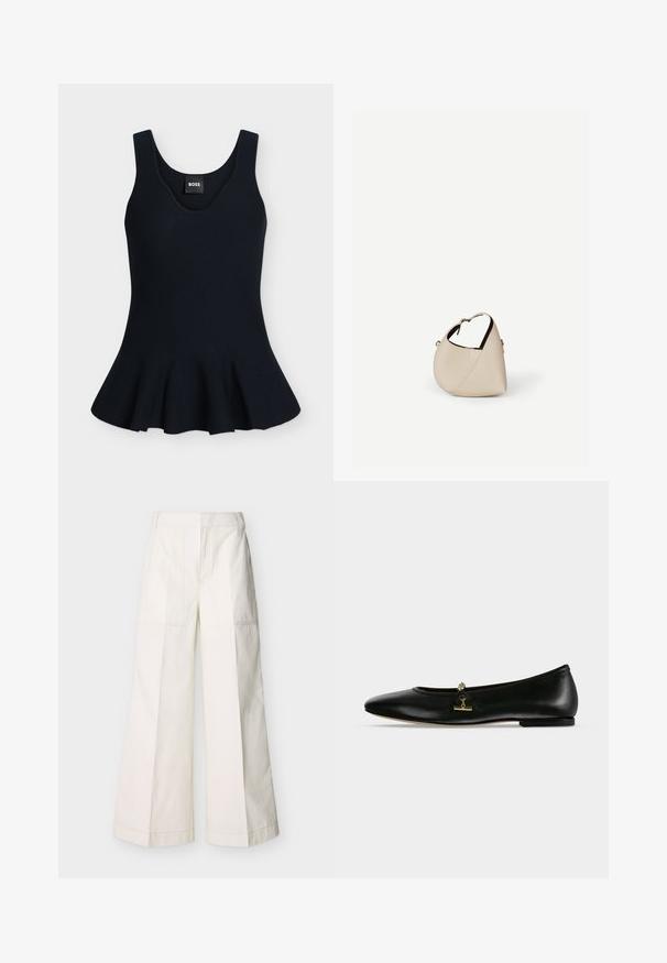Haut noir sans manches, ajusté, avec un décolleté arrondi et un bas peplum évasé, avec une petite étiquette portant le nom de la marque "BOSS".; Pantalon à jambes larges en coton blanc, avec poches avant et coutures détaillées. Texture lisse avec un design épuré et minimaliste.; Chaussure plate en cuir noir avec une petite chaîne dorée et un détail barre sur le dessus, bout arrondi et talon bas.; Sac à main en cuir beige en forme de croissant avec une seule bandoulière et des coutures minimalistes, posé sur un fond blanc uni.