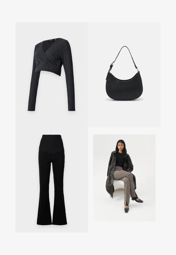 Top corto negro con mangas largas, diseño envolvente en escote en V, fabricado con un material texturizado con destellos plateados que crean un efecto brillante.; Vaqueros negros acampanados con una cintura alta, hechos de denim. Presenta un estilo de cinco bolsillos y una textura suave con acentos cosidos.; Abrigo de cuero negro, camisa negra, pantalones de talle alto beige, zapatos negros de punta cuadrada con una hebilla plateada, sentado en una silla blanca.; Bolso hobo negro hecho de cuero suave con una silueta curva, que cuenta con una sola correa ajustable y detalles de diseño minimalistas.