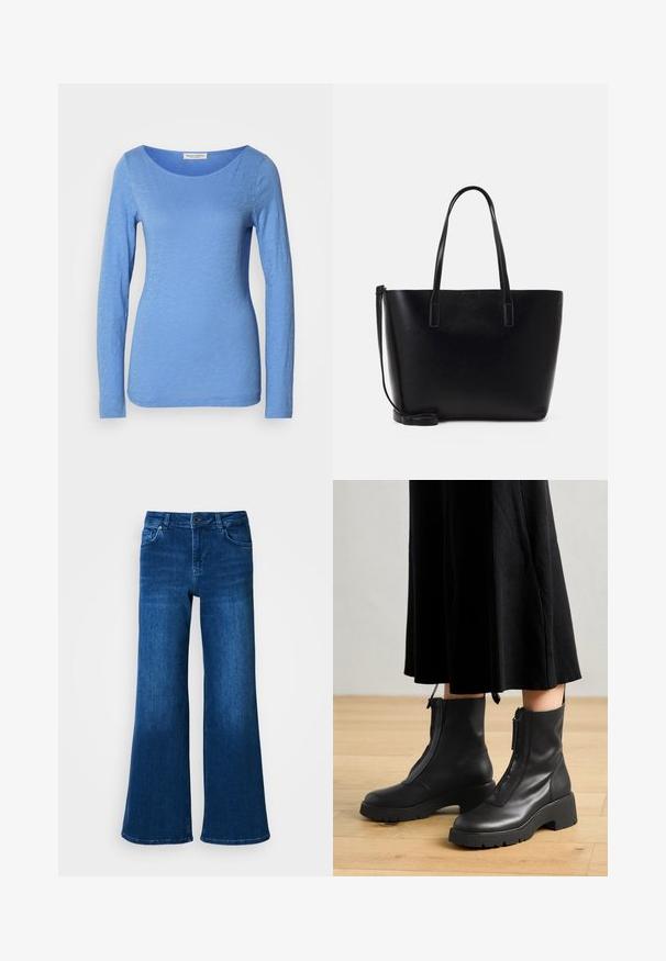Langsleeve, ronde hals top in lichtblauw, gemaakt van zachte, gestructureerde stof. Heeft een subtiel gemêleerd patroon met een aansluitende silhouet.; Blauwe denim wijde broek met hoge taille, heeft vijf zakken, knoop- en ritsluiting, en een gladde, gelijkmatige textuur.; Zwarte leren enkelboots met een chunky platformzool en een rits aan de voorkant. Glad oppervlak met een minimalistisch ontwerp.; Zwarte leren tote bag met twee lange handvatten, een gestructureerde vorm, een gladde textuur en een afneembare schouderband. Subtiele merkvermelding.