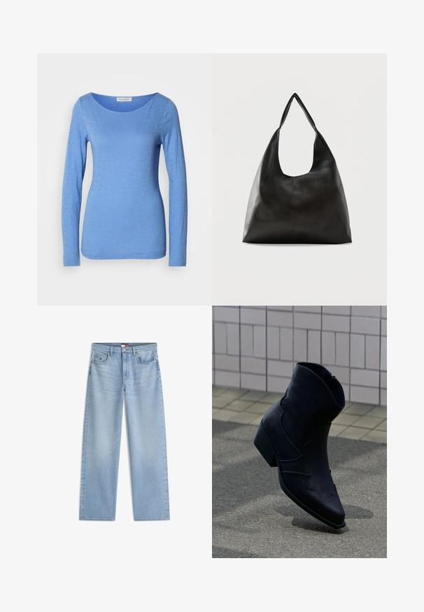 Langærmet T-shirt med rund hals i lys blå, lavet af blødt, tekstureret stof. Har et subtilt meleret mønster med en tætsiddende silhuet.; Lyseblå jeans med lige ben, forlommer, bæltestropper og lukning med knap og lynlås.; Sort læderankelstøvle med lav hæl, dekorative syninger og spids tå, placeret opret på en brolagt overflade ved siden af en flisebelagt væg.; Sort skuldertaske i glat læder med en bred, enkelt strop og et afslappet, minimalistisk design mod en ensfarvet baggrund.
