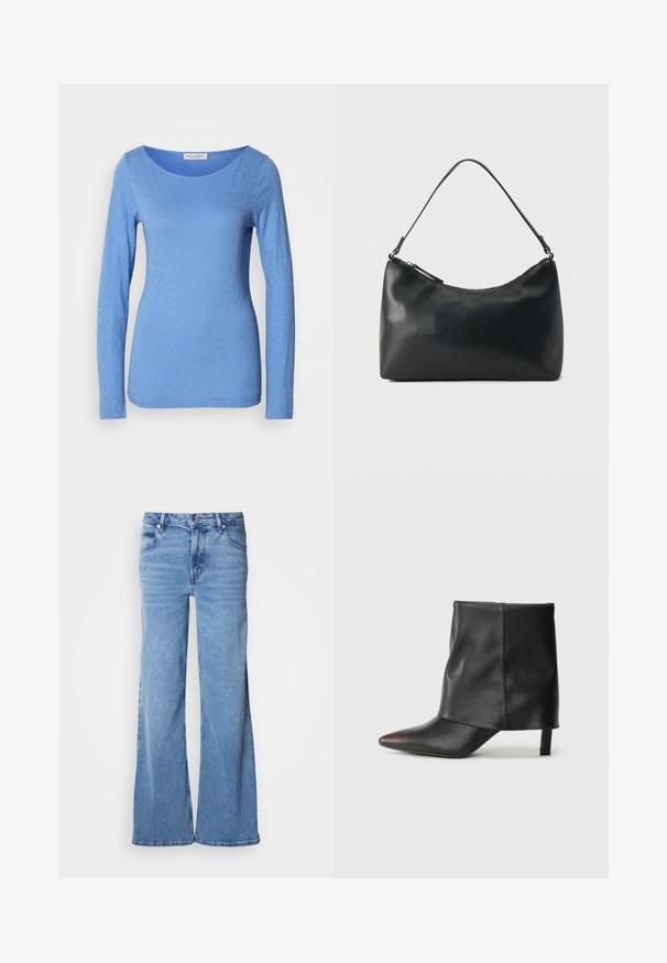 Langärmliges T-Shirt mit Rundhalsausschnitt in Hellblau, aus weichem, strukturiertem Stoff. Verfügt über ein dezentes Melange-Muster und eine taillierte Silhouette.; Hellblaue Jeans mit weitem Bein aus Denim. Mit klassischem Fünf-Taschen-Design und sichtbarem Knopfverschluss. Weiche Textur und schlichter Abschluss.; Schwarzer Knöchelstiefel aus glattem Leder mit spitzer Zehenpartie und schmalem Absatz. Das Obermaterial zeichnet sich durch ein leicht gerafftes Design aus.; Schwarze Schultertasche aus strukturiertem Leder mit gewölbtem Reißverschluss oben und einem verstellbaren Riemen vor einfarbigem Hintergrund.