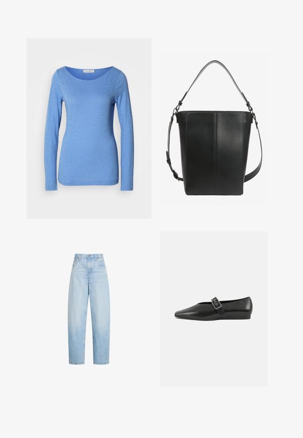 Langärmliges T-Shirt mit Rundhalsausschnitt in Hellblau, aus weichem, strukturiertem Stoff. Verfügt über ein dezentes Melange-Muster und eine taillierte Silhouette.; Hellblaue Jeans mit hohem Bund und geradem Bein, mit vorderen Taschen, Gürtelschlaufen und einem Knopfverschluss.; Schwarze Lederflachschuhe mit spitzem Zehenbereich, ausgestattet mit einem metallischen Riemen über dem Spann und einer niedrigen, flexiblen Sohle.; Schwarze Leder-Bucket-Bag mit vertikaler Steppnaht, kurzem Griff und verstellbarem Schulterriemen mit Metallverschlüssen.
