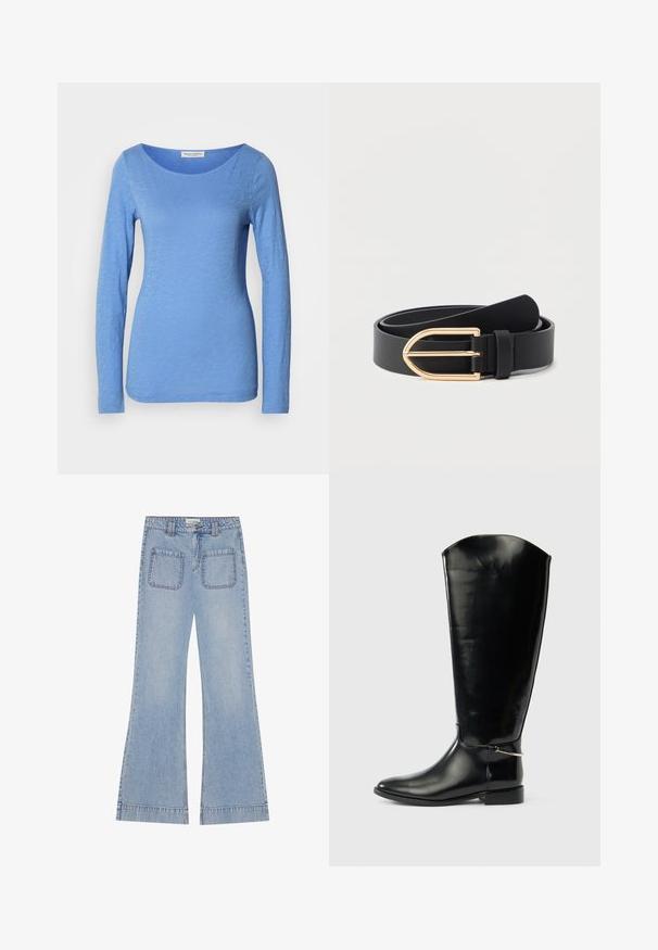 Haut à manches longues, col ras du cou en bleu clair, confectionné en tissu doux et texturé. Présente un subtil motif chiné avec une silhouette ajustée.; Jean en denim bleu clair évasés avec une taille haute, comportant deux poches arrière et des coutures visibles le long des coutures.; Botte haute en cuir noir avec un bout pointu, un talon bas et un détail en métal argenté à la cheville sur un fond blanc uni.; Ceinture en cuir noir enroulée avec une boucle en métal doré brillant sur un fond clair.