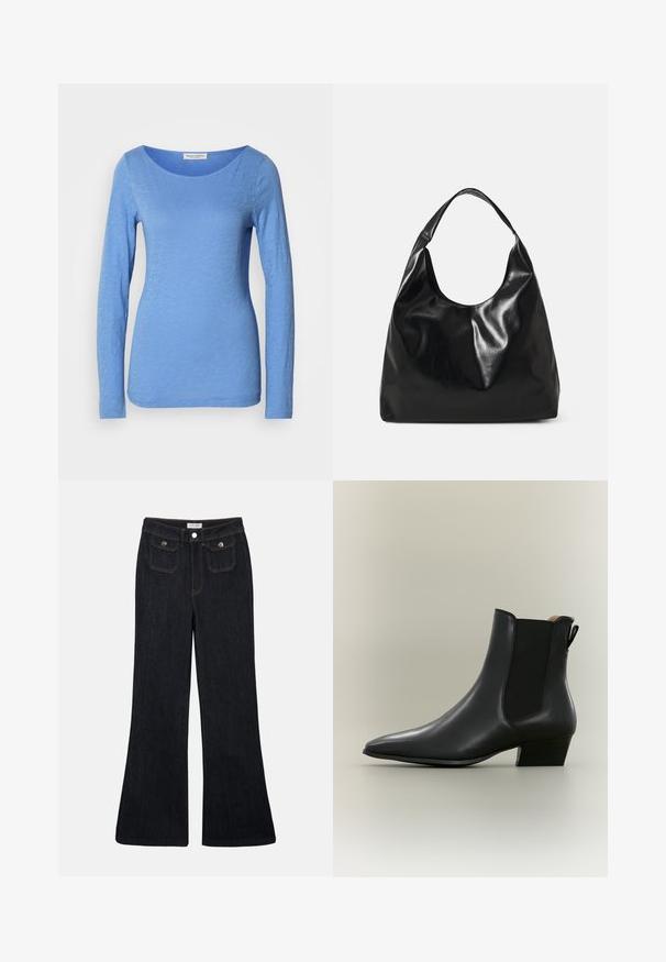 Camiseta de manga larga y cuello redondo en azul claro, hecha de un tejido suave y texturizado. Presenta un sutil patrón jaspeado con una silueta ajustada.; Vaqueros de mezclilla oscuros de corte acampanado, con cintura alta, dos bolsillos delanteros y costuras naranjas. El material parece robusto y suave.; Botín negro de cuero con punta en forma de pico, tacón bajo de bloque, panel lateral elástico y lengüeta trasera en un fondo neutro.; Bolso hobo de cuero negro con una textura suave y brillante y un diseño de parte superior redondeada y abierta. Cuenta con una amplia correa curvada para llevar. Sin hardware visible.