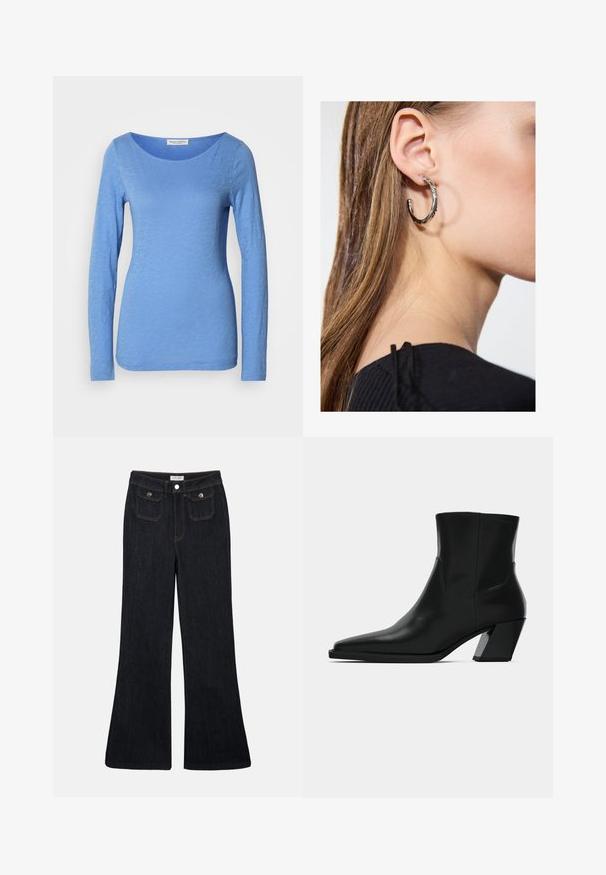 Langärmliges T-Shirt mit Rundhalsausschnitt in Hellblau, aus weichem, strukturiertem Stoff. Verfügt über ein dezentes Melange-Muster und eine taillierte Silhouette.; Schwarze, ausgestellt geschnittene Jeans aus Denim mit hoher Taille, zwei Fronttaschen und orangefarbenen Nähten. Das Material wirkt robust und glatt.; Schwarze Leder-Stiefelette mit spitzem Zeh, schlanker Silhouette und klobigem quadratischem Absatz. Glatte Textur mit minimalen Nähdetails.; Silberne Creolen mit polierter Oberfläche, die kleine goldene Akzentdetails und eine runde Form aufweisen, am Ohrläppchen getragen.