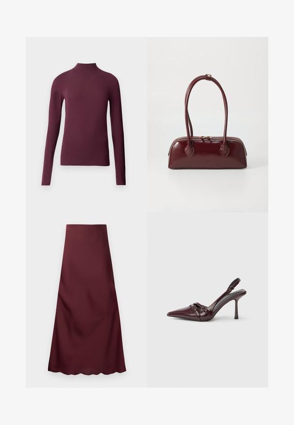 T-shirt bordeaux à manches longues et col roulé en tissu lisse et extensible. Design ajusté avec un col haut et sans coutures visibles.; Jupe trapèze bordeaux avec une texture lisse et un ourlet subtilement festonné, présentée à plat sur fond blanc.; Escarpin slingback en cuir verni bordeaux avec bout pointu, fine bride à la cheville et petit détail décoratif de boucle. Texture lisse et talon haut.; Sac à main en cuir bordeaux avec une forme courbée, deux poignées, fermeture éclair et détails de couture subtils. Fini lisse et brillant.