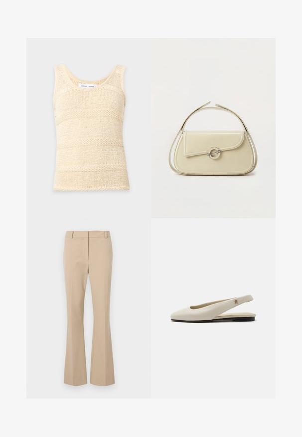 Débardeur tricoté sans manches de couleur crème avec un motif à rayures horizontales texturé et un col rond.; Pantalons beiges ajustés avec une coupe droite, présentant un devant plat, des passants de ceinture et une texture lisse. Pas de poches ni de motifs visibles.; Chaussure plate slingback en cuir couleur crème avec un bout arrondi et un petit emblème doré sur la bride.; Sac à main en cuir crème avec rabat incurvé, fermoir circulaire en argent et poignée courte sur le dessus, sur fond blanc uni.
