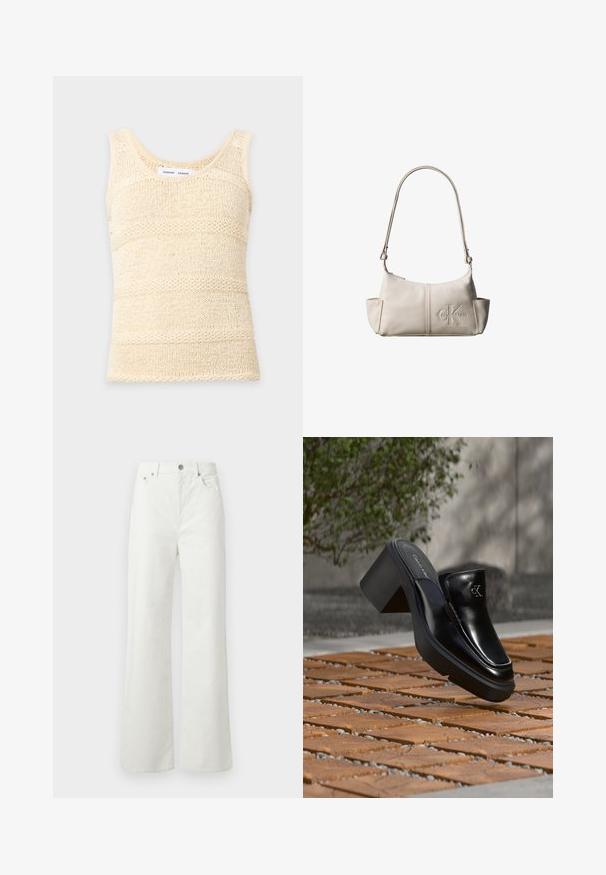 Débardeur tricoté sans manches de couleur crème avec un motif à rayures horizontales texturé et un col rond.; Samsøe Samsøe SHELLY - Jean boyfriend - clear cream; Mule slip-on en cuir noir Calvin Klein avec talon bloc reposant sur des carreaux en bois à l'extérieur près d'une plante verte et d'un mur gris.; Petit sac à bandoulière en cuir beige avec une sangle ajustable et un logo Calvin Klein embossé au centre avant.
