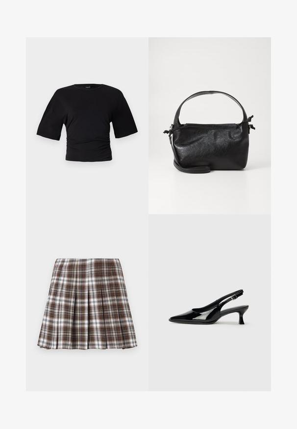 Gina Tricot SOFT TOUCH RUCHED TEE - Βασικό μπλουζάκι - black; Καφετί και λευκό καρό πλισέ φούστα με δομημένο σχέδιο και καθαρή υφή, διαθέτοντας ψηλή μέση και πολλές κατακόρυφες πτυχές.; Μαύρες παλαιωμένες slingback γόβες με αιχμηρή μύτη και χαμηλό τετράγωνο τακούνι. Ρυθμιζόμενη αγκράφα στον αστράγαλο.; Μαύρη δερμάτινη τσάντα με δομικό σχέδιο, στρογγυλή λαβή από πάνω και αποσπώμενο λουρί ώμου. Διαθέτει λεία υφή και διακριτική γυαλάδα.