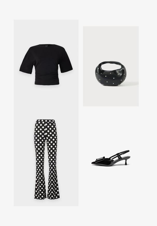 Gina Tricot SOFT TOUCH RUCHED TEE - Βασικό μπλουζάκι - black; Μαύροι φαρδιοί παντελόνια με μεγάλα λευκά πουά και ελαστική μέση, παρουσιάζονται σε απλό ανοιχτό φόντο.; Μαύρες πατεντέ δερμάτινες γόβες slingback με μυτερή μύτη, ένα φιόγκο μπροστά και μικρό τακούνι στιλέτο. Οι ιμάντες έχουν ρυθμιζόμενες αγκράφες.; Μαύρη δερμάτινη τσάντα χειρός με στρογγυλεμένο σχήμα, διακοσμημένη με ασημένιες λεπτομέρειες με καρφιά και κοντή λαβή. Λείο υλικό και κλείσιμο με φερμουάρ.