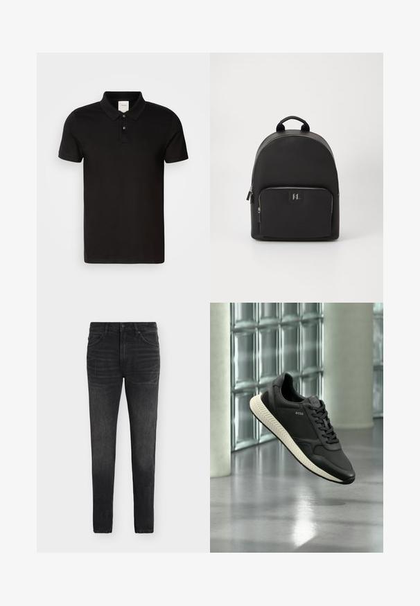 Camisa polo negra hecha de una tela suave con un cuello clásico. Presenta dos botones en el cuello, mangas cortas y un logotipo sutil en el pecho.; Vaqueros negros ajustados lavados con cierre de botón y cremallera, bolsillos delanteros y traseros, mostrados planos sobre fondo blanco.; Zapatilla negra BOSS con suela blanca flotando sobre un suelo de hormigón brillante, pared de bloques de vidrio y una gran columna blanca en el fondo.; Mochila negra con una parte superior redondeada, hecha de material texturizado, que cuenta con un bolsillo frontal con cremallera y una asa en la parte superior. Acentos de hardware plateado.