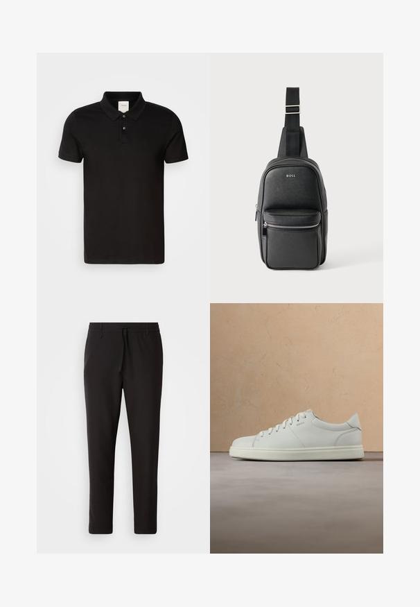 Must musta särk, mis on valmistatud siledast kangast, klassikalise kraega. Särgil on kaeluses kaks nuppu, lühikesed varrukad ja rinnaesisel diskreetne logo.; Mustad jogger-püksid, mis on valmistatud siledast kangast. Omavad elastset pihaotsikut koos paelaga, kitsenevaid jalaosi ja nähtamatuid taskuid. Lihtne disain.; Valge nahast toss, millel on sile pinnaviimistlus, ümar nina ja lamedad paelad. Omadusteks on diskreetne logo ja kerge talla.; Mustast nahast risti kanda kott reguleeritava rihma, esikülje tõmblukuga tasku ja „BOSS“ logoga siledal tekstuuriga pinnal.