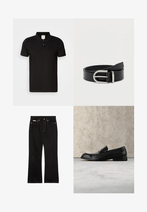 Camisa polo negra hecha de una tela suave con un cuello clásico. Presenta dos botones en el cuello, mangas cortas y un logotipo sutil en el pecho.; Vaqueros negros de pierna recta con costuras naranjas, cinco bolsillos, cierre de botón y una pequeña etiqueta Calvin Klein en el bolsillo delantero derecho.; Mocasín negro de cuero con detalle metálico, mostrado suspendido sobre una alfombra beige, con una mesa redonda de color ámbar en el fondo.; Cinturón de cuero negro con una textura suave, que presenta una hebilla de metal plateado y una forma rectangular clásica.