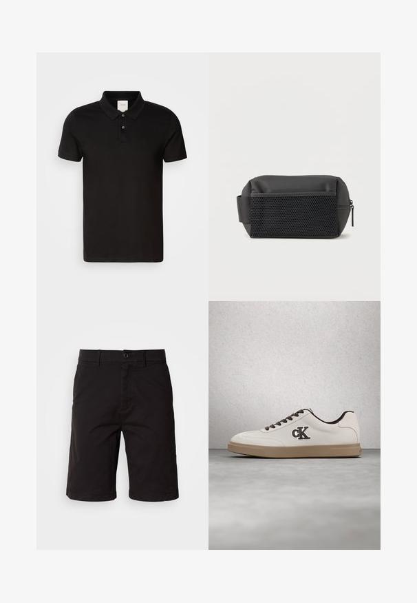 Schwarzes Poloshirt aus glattem Stoff mit klassischem Kragen. Verfügt über zwei Knöpfe am Hals, kurze Ärmel und ein dezentes Logo auf der Brust.; Schwarze Shorts aus einem leichten Stoff, mit Knopfleiste, Gürtelschlaufen, Seitentaschen und geradem Schnitt mit umgeschlagenen Säumen.; Weißer Sneaker mit braunen Akzenten, Veloursledermaterial, flachen Schnürsenkeln und einer Gummisohle. Verfügt über ein Logo an der Seite und eine glatte Textur.; Schwarze rechteckige Kulturtasche mit Netzvordertasche, seitlichem Griff und Reißverschluss auf weißem Hintergrund.