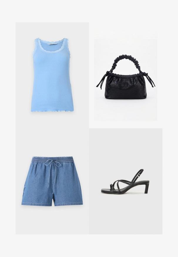 Débardeur bleu clair côtelé avec bordure en dentelle autour de l'encolure et des emmanchures, sans manches avec ourlet festonné.; Short en denim bleu avec fines rayures verticales, taille élastique et cordon de serrage à l’avant.; Sandale noire à lanières avec un bout carré et un petit talon bloc. Elle présente plusieurs fines lanières et une sangle de cheville ajustable. Fabriquée en cuir lisse.; Sac à main noir avec texture crocodile, bord supérieur froncé, poignée plissée et pompons à cordon de chaque côté sur fond blanc.