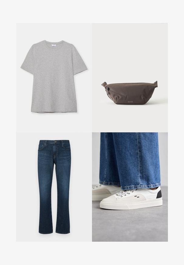 T-shirt gris à manches courtes fabriqué en tissu doux et texturé. Présente un col rond classique et un ourlet droit, idéal pour une tenue décontractée.; Jean en denim bleu foncé avec une coupe droite, cinq poches et une fermeture à bouton en métal. Texture lisse avec un léger dégradé.; Baskets blanches et noires avec une tige en cuir lisse, des accents texturés et une semelle épaisse blanche. Présentent un design classique à lacets.; Sac banane en tissu marron foncé avec poche zippée en diagonale et petit logo blanc sur le devant, sur un fond clair uni.
