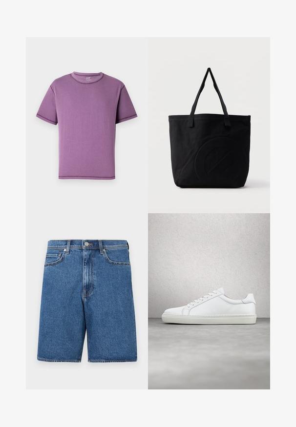 Camiseta de manga corta morada hecha de algodón suave, con cuello redondo y costuras en contraste a lo largo de las costuras.; Pantalones cortos de mezclilla en un tono azul medio, con un diseño clásico de cinco bolsillos, detalles de costura y una silueta de corte recto.; Zapatilla blanca con parte superior de cuero liso y perfil bajo. Presenta una puntera redondeada, seis ojales y una suela de goma texturizada.; Bolsa tote de lona negra con dos correas para el hombro y un diseño circular en relieve sutil en el frente.
