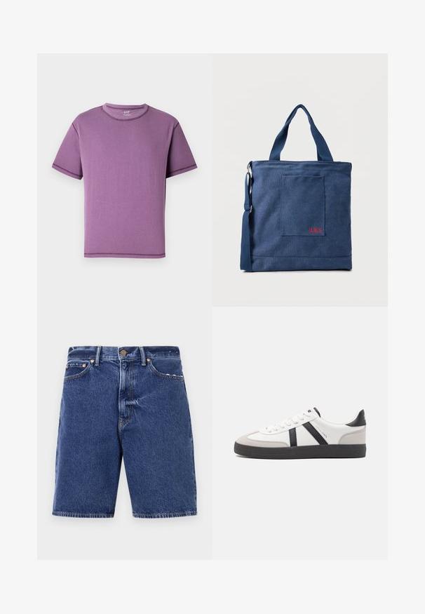 Camiseta de manga corta morada hecha de algodón suave, con cuello redondo y costuras en contraste a lo largo de las costuras.; Pantalones cortos de mezclilla en azul oscuro con un corte clásico, que presentan un cierre de botón, cinco bolsillos y costuras naranjas contrastantes.; Zapatilla blanca con acentos en negro y gris, que presenta una puntera texturizada en gris, suela de goma negra y cordones planos blancos. Diseño limpio, estilo minimalista.; Bolso tote de lona azul con bolsillo frontal y bordado rojo "O.N.S", con asas dobles y una correa ajustable para el hombro.