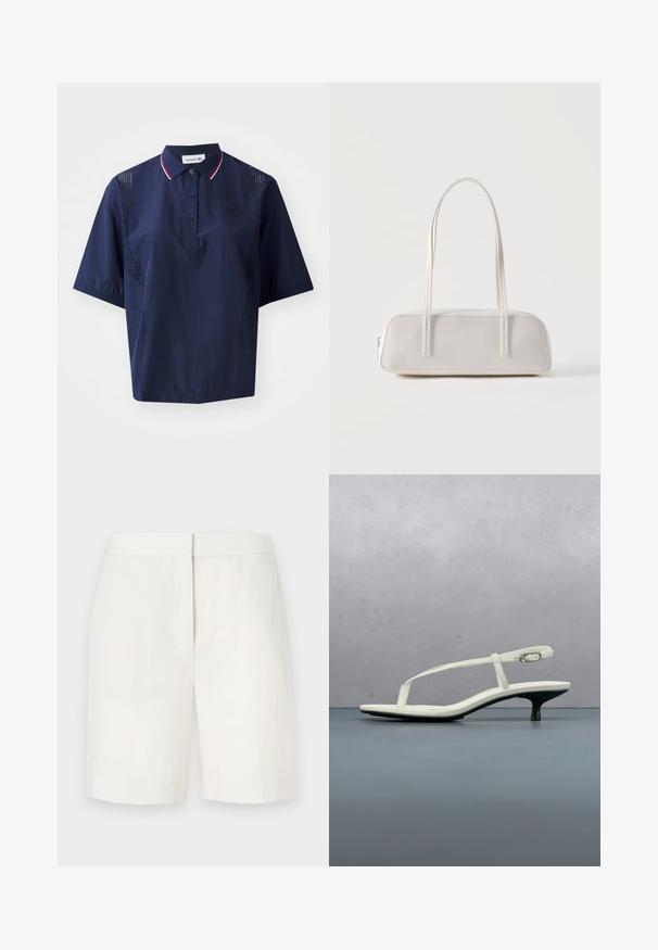 Polo de manga corta en azul marino con cierre de botones, cuello contrastante con acentos en rojo y blanco, y paneles laterales perforados para mayor transpirabilidad.; Pantalones cortos de algodón blancos con un corte recto, frente plano y una textura sutil. Presentan una cintura y sin bolsillos visibles. Diseño simple.; Sandalia blanca de tacón kitten con tiras y punta afilada, flotando sobre un suelo de baldosas de madera al aire libre, con un fondo desenfocado de plantas y pared.; Bolso de hombro rectangular blanco con correas largas y delgadas, costuras mínimas y cierre de cremallera sobre un fondo liso.