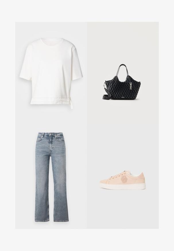 T-shirt blanc à manches courtes en tissu doux. Présente un col rond et un ourlet incurvé avec un détail de lien sur le côté en bas.; Jean bleu clair taille haute à jambe droite avec bouton frontal, fermeture éclair et design classique à cinq poches.; Baskets rose clair en cuir lisse, avec un logo texturé sur le côté, semelle blanche et design à bout rond avec œillets.; Sac à main noir matelassé avec deux petites poignées, une bandoulière amovible et un charm argenté avec le logo DKNY sur fond uni.