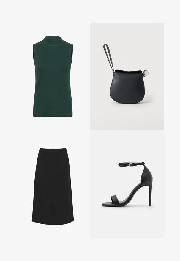Haut à col roulé sans manches en tissu côtelé de couleur vert foncé. Caractéristiques : un col haut, une texture lisse et une coupe ajustée.; Jupe midi noire avec une silhouette droite, fabriquée en tissu lisse. Dispose d'une taille élastique et de poches latérales, sans motifs ni embellissements visibles.; Sandale noire à talons hauts au design épuré, avec une bride au niveau de la cheville, un bout ouvert et une texture en cuir lisse.; Pochette en cuir noir pour poignet avec base arrondie et fermoir argenté sur fond blanc uni.