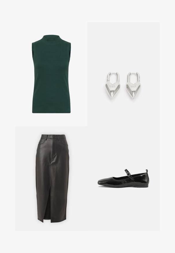 Haut à col roulé sans manches en tissu côtelé de couleur vert foncé. Caractéristiques : un col haut, une texture lisse et une coupe ajustée.; Jupe midi en cuir noir avec fente avant, taille haute et cinq poches. Texture lisse avec des détails de surpiqûres contrastantes.; Chaussure plate en cuir verni noir avec un bout pointu, une sangle de cheville avec boucles, et une texture lisse et brillante. Talon bas pour le confort.; Cadenas en forme de cœur en argent avec les inscriptions gravées "OUI" et "NON", finition polie, design symétrique et un robuste fermoir en métal.